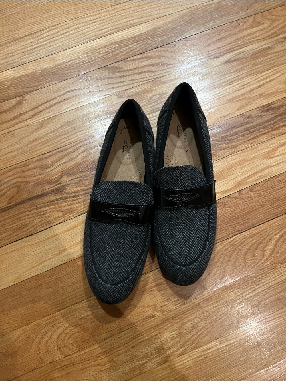 Clarks Women's Charcoal Herringbone Loafers with Black Patent Strap